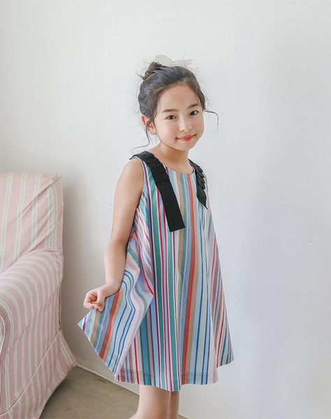 

kids dress girls rainbow stripes round collar sleeveless shoulder strap patchwork one-piece loose a-line sundress for autumn, Red;yellow