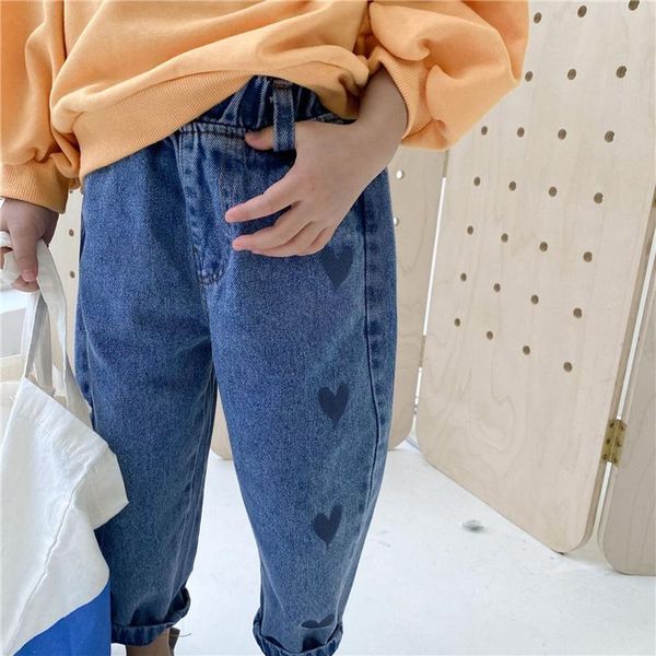 

jeans spring kids children heart printing casual boys all-match denim pants baby girl fashion cute trousers, Blue