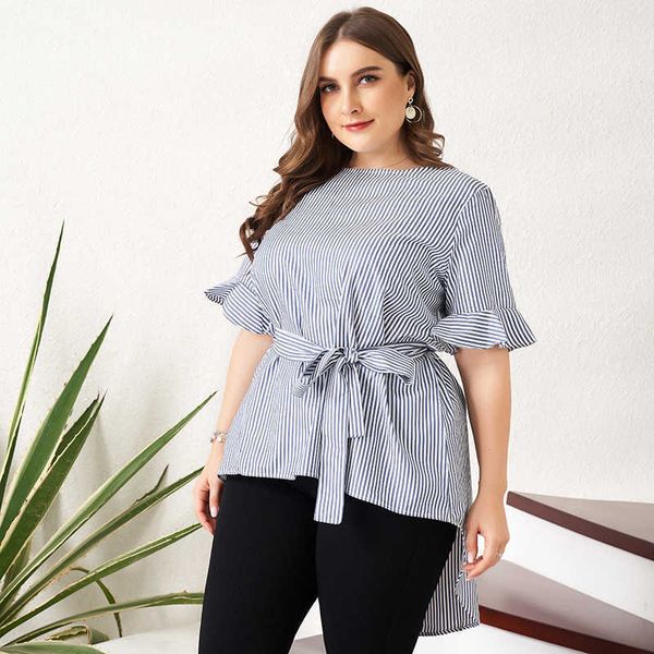 

women's t-shirt summer plus size loose t-shirt 2021 blue stripe short flared sleeves o-neck bow tie belt sweet crop clothing, White