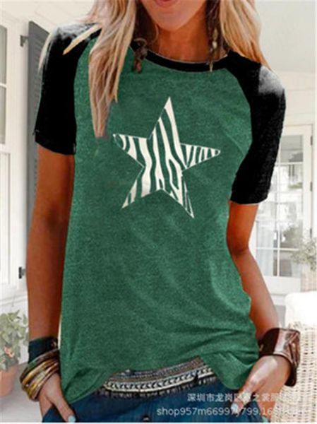 

womens star short sleeve designer female stitching casual printed streetwear female tshirt round neck pentagram tee shirt clothing, White