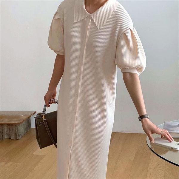 

[ewq] summer elegant versatile lapel women dress single breasted puff sleeve pleated robe apricot plus size clothing 16f1054, Black;gray