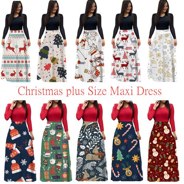 

2021 new year christmas theme print maxi casual sleeve o neck elegant autumn winter long party vestidos plus size 9jlh yuiw, Black;gray