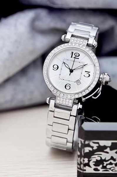 

wristwatches men women silver white number diamonds bezel watch sapphire stainless steel watches, Slivery;brown