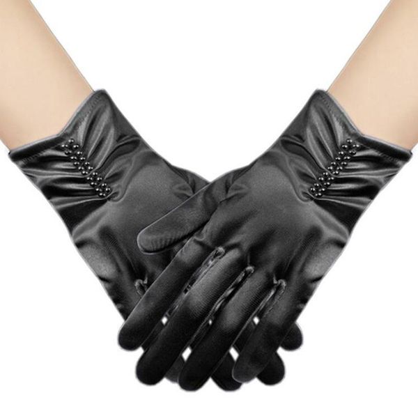 

five fingers gloves women wedding dress short full finger glove female summer spandex satin pearl folds elastic uv sunscreen driving sun mit, Blue;gray