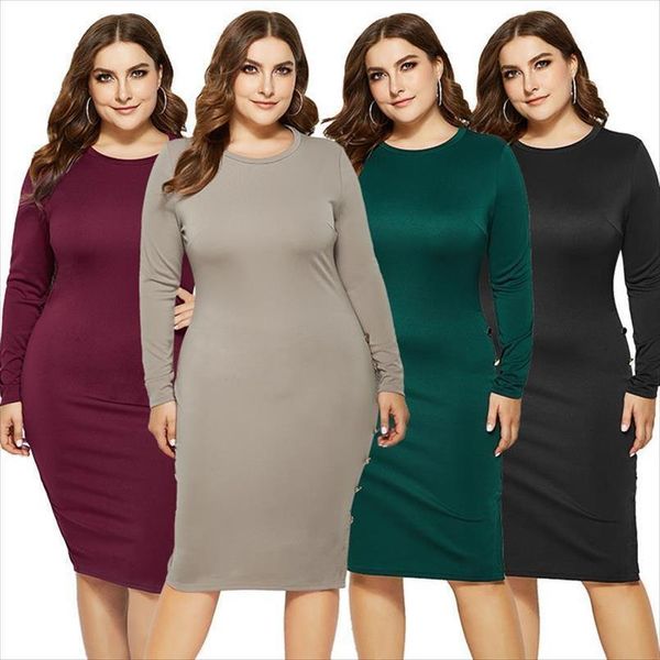 

plus size casual womens dress o neck long sleeve tight autumn oversizes metal button vestidos 5xl green gray black, Black;gray