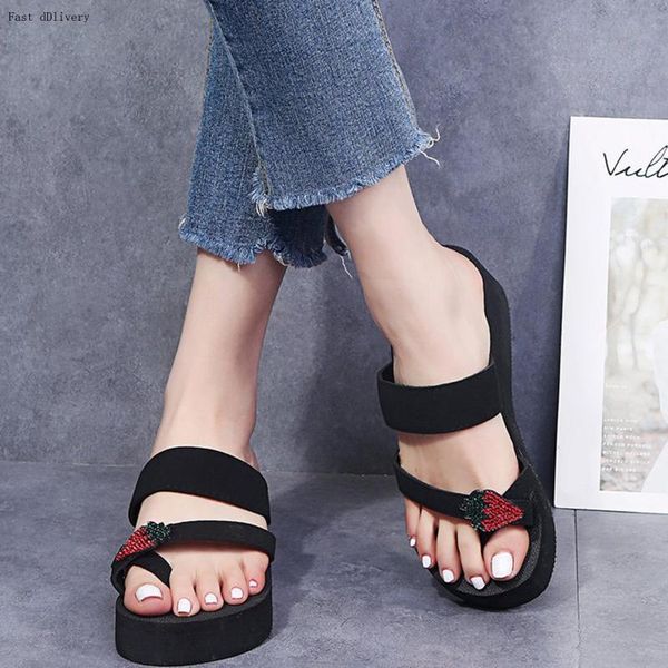 

slippers jaycosin women's flip-flops fashion strawberry diamond butterfly flip flops casual wedge platform shoes, Black