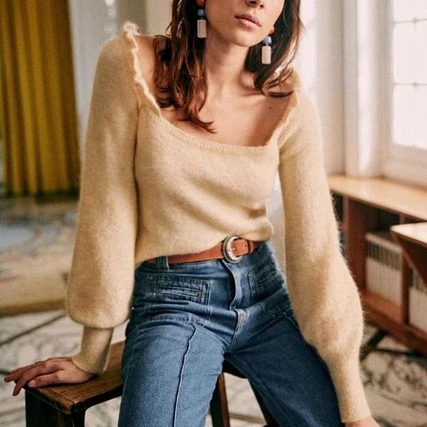

women's sweaters 2021 early autumn women square collar knit sweater ladies long sleeve ruffles trim temperament knitwear slim female ju, White;black