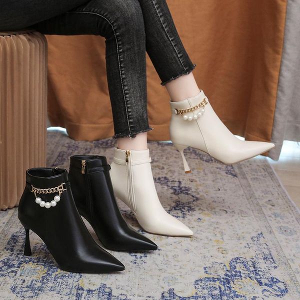 

boots women's winter pointed pearl crystal string bead zipper fineheel high heel short tube shoes plus size deal, Black