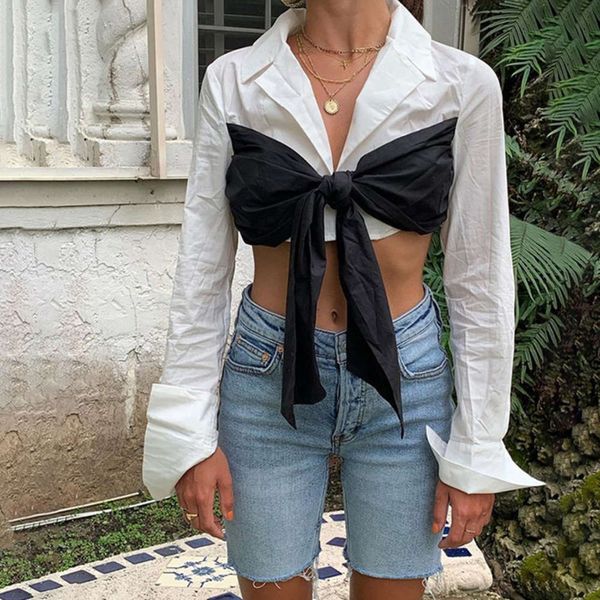 

wind new women's wear in autumn and winter of 2019 color contrast fake two long sve suit collar short open navel casual t-shirt, White