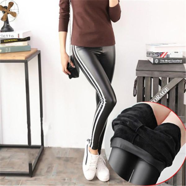 

women's pants & capris trousers 2021 winter ladies plus velvet thick vertical bar large size high waist elastic pu leather black feet, Black;white