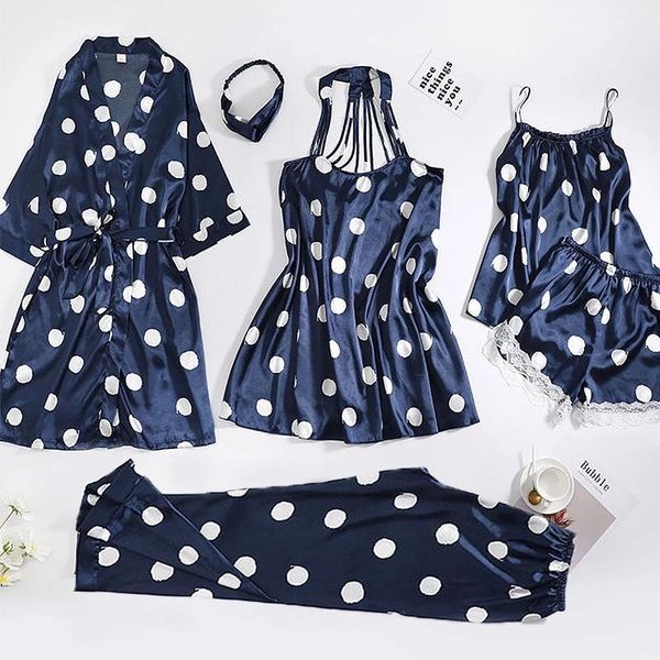 

6pcs women's pajamas sets soft pyjama dot pattern women sleepwear sets female satin spring autumn homewear robe nightwear, Black;red