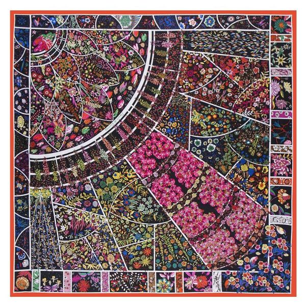 

130cm brand scarf women 100% twill silk square scarves fashion hijab shawl foulard bandana bohemian flower fields, Blue;gray
