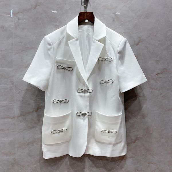 

women's suits & blazers diamond chain bow suit coat early autumn casual blazer lady short sleeve notched single breasted coats, White;black