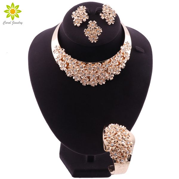 

jewelry sets exquisite nigerian wedding gold color necklace earrings bracelet women costume african beads set flower shape design, Black