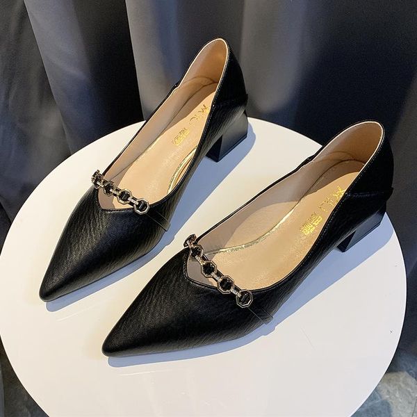 

dress shoes woman spring black slip on square high heels women flock point toe low female office ladies u14-08