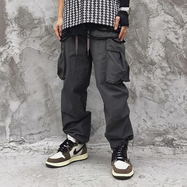 

japanese straight three-dimensional large pocket overalls for men and women hiphop streetwear joggers cargo pants men, Black
