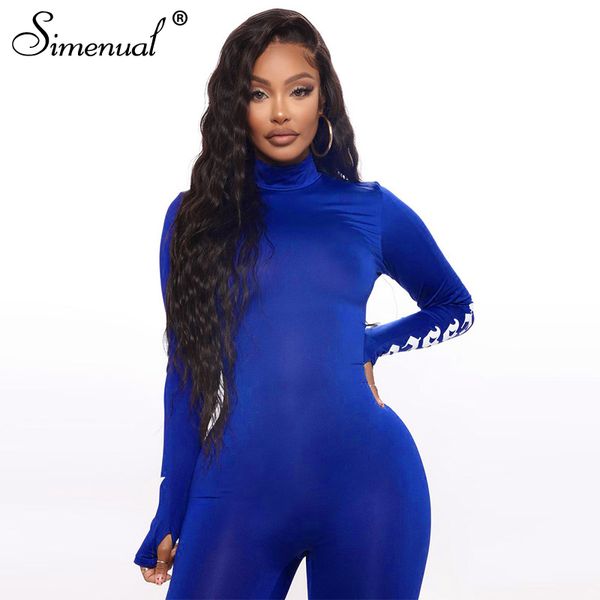 

letter print blue sporty jumpsuits long sleeve women casual workout active wear one piece outfit loungewear mock neck, White;black
