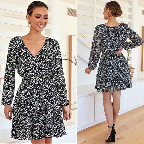

long sleeve printed v-neck s autumn winter women's medium length, Black;gray