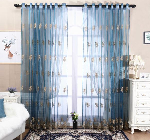 

curtain & drapes floral embroidered semi blue white sheer curtains faux linen grommet for bedroom,rustic embroidery window treatment