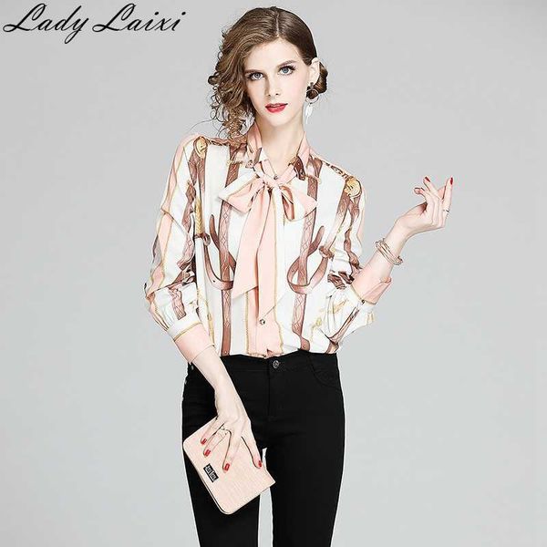 

summer office ladies chain print blouse shirt fashion women long sleeve bow collar elegant 210529, White