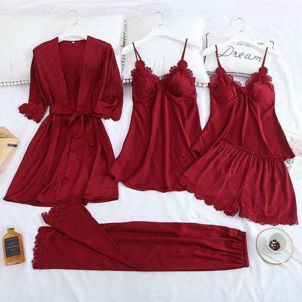 

5pcs pajamas set burgundy womens satin lace sleep pijama home nightie v-neck bathrobe spring wear robe gown suit sleepwear, Black;red
