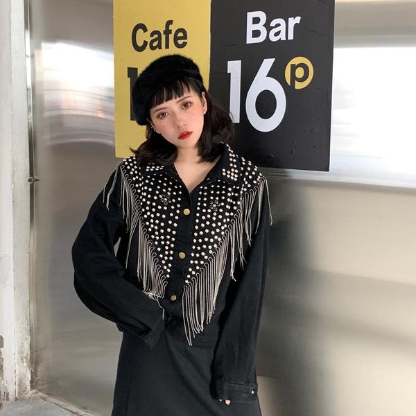 

women's jackets tassel diamonds denim jacket women single breasted short outwear 2021 spring autumn fashion indie aesthetic cowboy, Black;brown