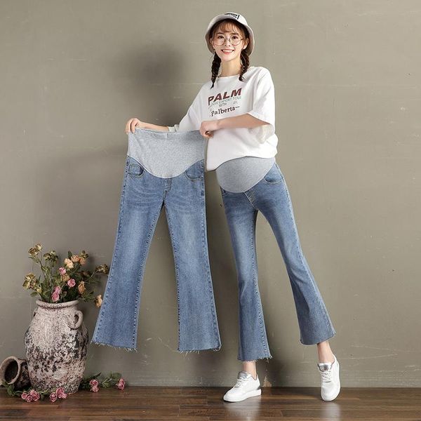 

maternity bottoms spring and summer pregnant women stretch denim flares pants wide-legged high waist loose belly trousers fashion jeans, White