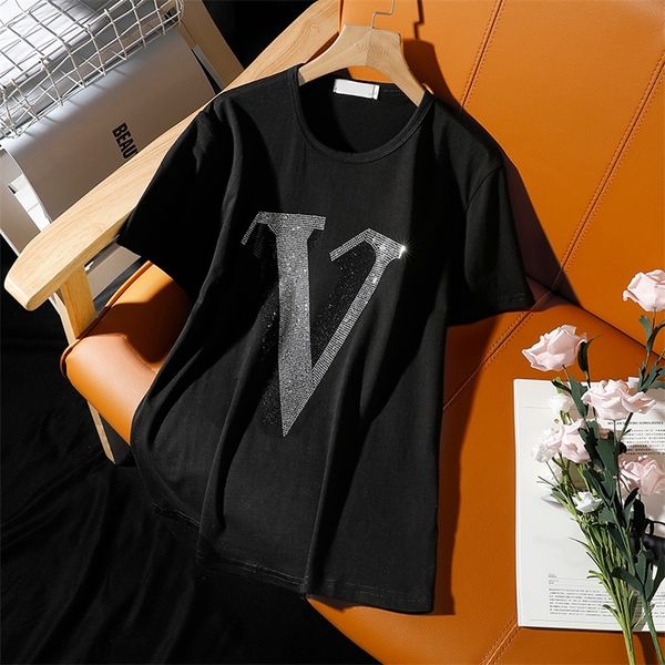 

fashion leisure diamond alphabet v short-sleeve t-shirt female summer new drill loose plus size 250g women 210306, White