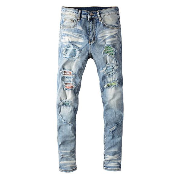 

2021 men's male fashion trousers new style diamond-encrusted jeans ripped color patch blue locomotive stretch slim denim pants 0cjv