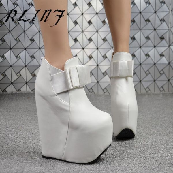 

boots rlin17cm plus velvet bow lady female super high heel wedge short, Black