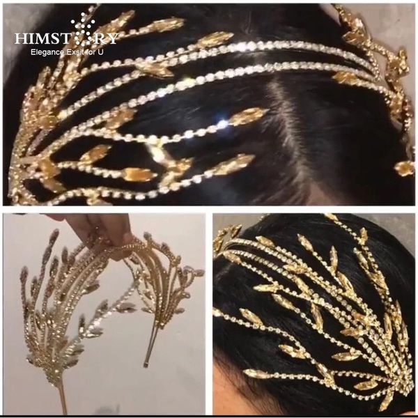 

other himstory vintage leaves and vine bridal headband gold headpiece crystal hair chain branch wedding accessories, Golden;white