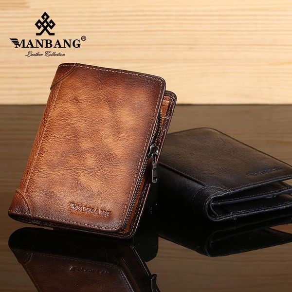 

manbang 2021 genuine cowhide leather men wallet short coin purse small vintage wallets brand designer, Red;black