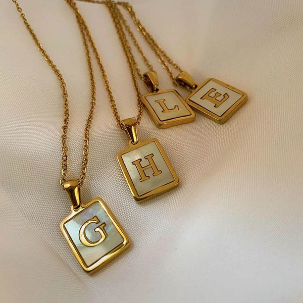 

fashion alphabet letter pendant necklaces initials a to z letters square charm with white shell luxurious gilding necklace wholesale, Silver