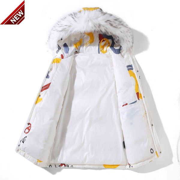 

winter male jacket hooded down casual mens print coat with fur collar warm zipper jaqueta masculina parkas, Black