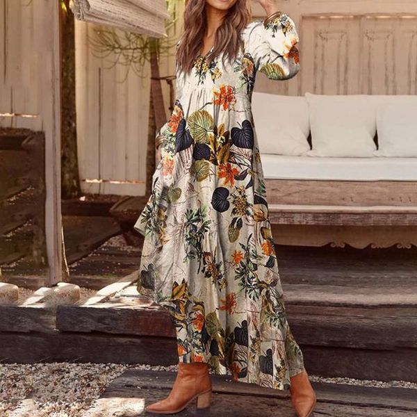 

casual dresses lugentolo maxi for women print cotton and linen long sleeve loose big swing a-line dress, Black;gray