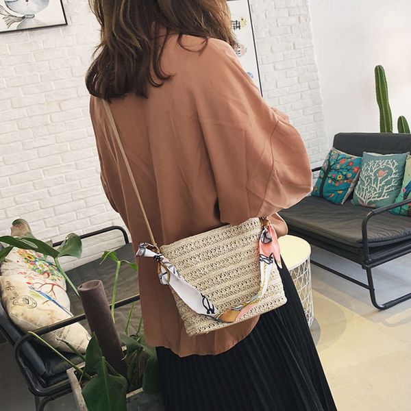 

hbp fashion straw women's 2019 new summer forest series woven silk scarf fairy bucket girl's cross carrying beach bag