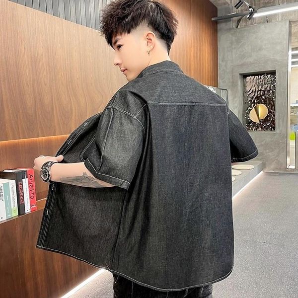 

men's casual shirts hip hop mens denim shirt summer short sleeve korean style loose single breasted fashion street cargo male, White;black