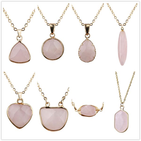 

8styles pendant natural stone pink rose quartz heart round bullet shape necklace for women jewelry, Silver