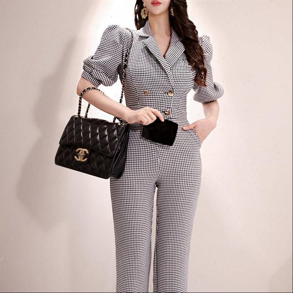 

summer korea slim plaid notched women rompers puff short sleeve high waist long overalls ol office jumpsuit, Black;white