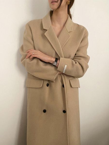 

women's wool & blends winter double breasted thicken woolen coats women notched collar pockets female long blend coat vintage overcoats, Black