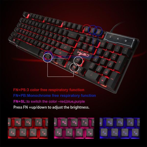 

keyboard mouse combos hxsj r8 wired gaming 104keys russian/english keybboard 3 colors led backlit ergonomic mechanical accessories