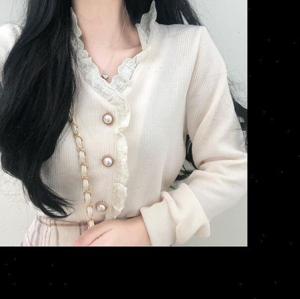 

autumn winter womens and blouses long sleeve v neck lace trim single breasted korean chic ladies blusas vintage vestidos, White