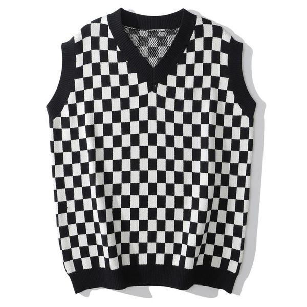 

lacible harajuku sweater checkerboard print knitted sweater contrast sleeveless vest embroidered streetwear streetwear retro, White;black