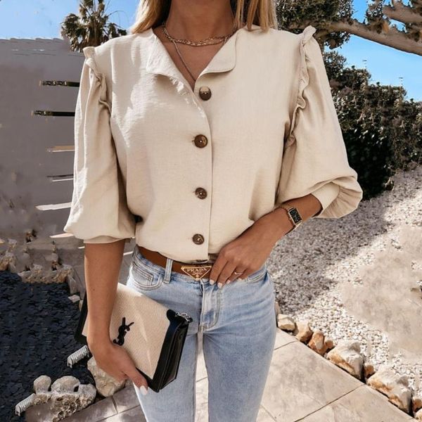 

women's blouses & shirts blouse white single-breasted v neck lantern sleeve shirt for women chemise femme blusas y camisas