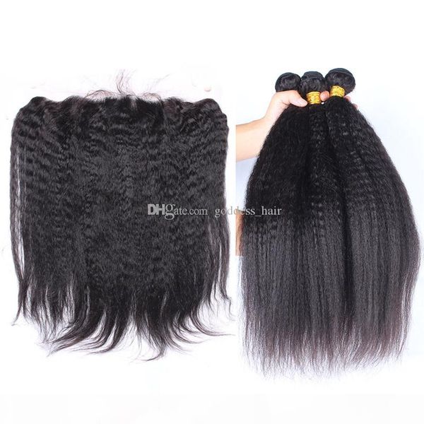 

mongolian 8a kinky straight human hair with lace frontal middle three part coarse yaki ear to ear lace frontal 4pcs lot, Black