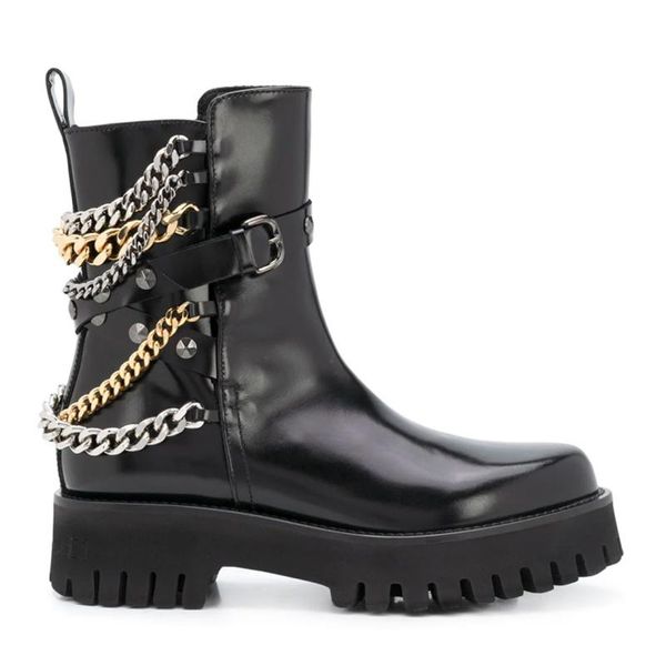 

boots gold silver chains woman motorcycle thick chunky heel black cow leather ankle gladiator rivets studs short bottines
