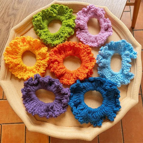 

autumn korean simple beautiful colorful wool knitting handmade large intestine hair ring fashion girl ponytail hair accessories, Slivery;white