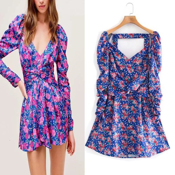 

Floral 2021 New Print Short Women V-neck Long Puff Sleeve Wrap Mini Dress Fashion Backless Pleated Vacation Ladies Dresses Bxwm GJ5E, Black;gray