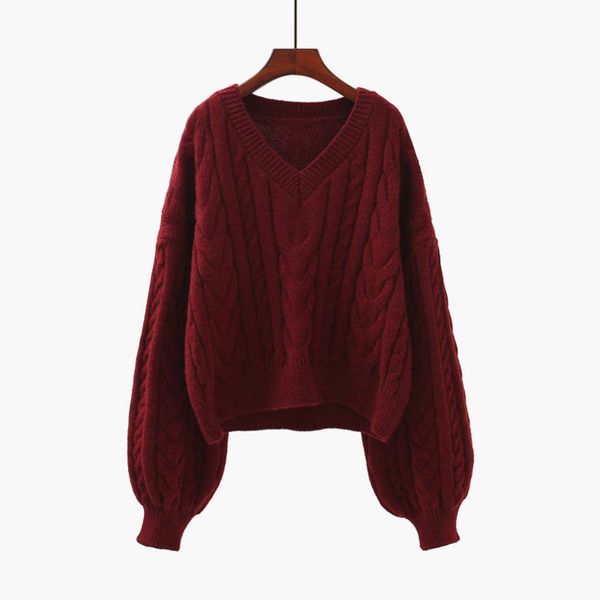 

lazy hemp pullover v-neck sweater for women's autumn and winter 2020 new loose fitting short lantern sleeve t-shirt, White;black