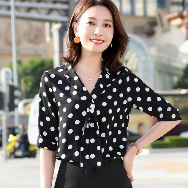 

women's blouses & shirts polka dot shirt women summer 2021 professional temperament retro half sleeve chiffon office ladies casual work, White